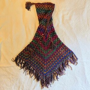 OOAK Crocheted Poncho Boho Fringe Hood Tassels Handmade Multicolor Jewel Tone
